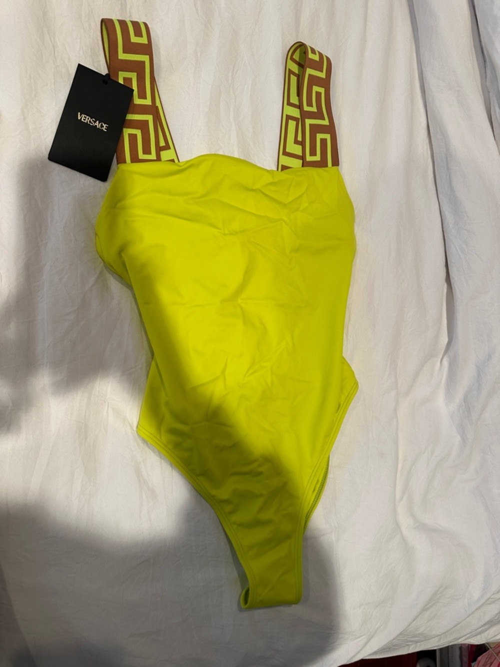 Versace Neon Yellow One-Piece Swimsuit with Brown Greek Key Straps